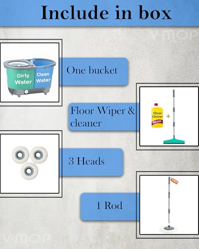 Image of V-MOP Premium Jumbo Double Bucket | Deluxe Double Color Mop with Floor Wiper Set, Cleaner & 3 Refill | Trolley Spin Mop-Magic-Floor ((6 Months Warranty on Rod Set))