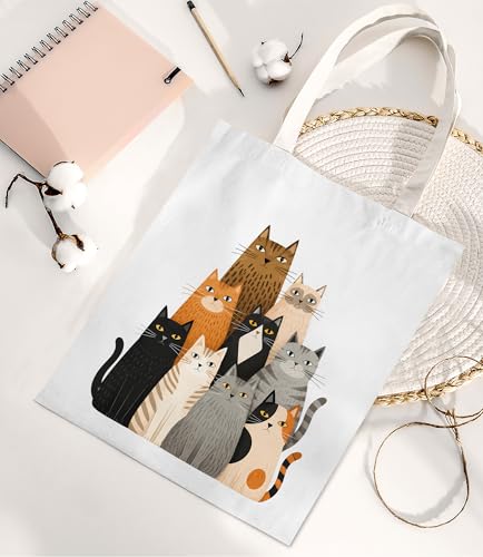 Image of Cute Cat Canvas Tote Bag for Women, Aesthetic Reusable Shoulder Bag for Shopping Travel Work