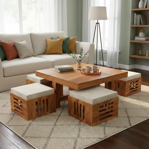 Image of Modern Solid Wood Coffee Table with 4 Cushioned Stools | Space-Saving Center Table Set for Living Room | Multipurpose Tea Table Furniture for Home, Lounge & Apartment Decor | Natural Wood Finish