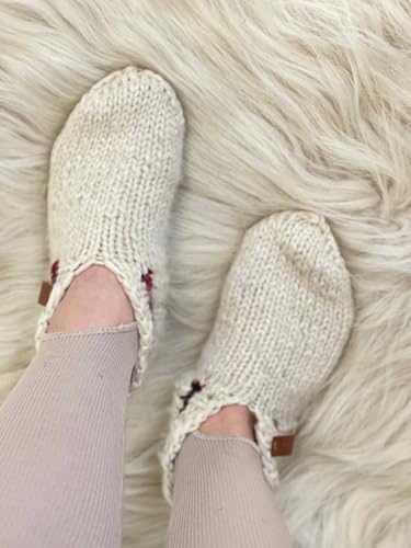 Cozy Knitted Short Wool Socks with Red Stripe, Handmade in Natural White Wool, Unisex Men & Women Sizes Soft Warm Ideal Gif, Free Shipping!4