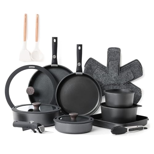 SENSARTE Topfsets Pfannenset 24 Teiliges, Antihaft Kochgeschirr mit Abnehmbarem Griff*3, Für alle Herdarten Geeignet, Spülmaschinenfest, Ofenfest (Schwarz)