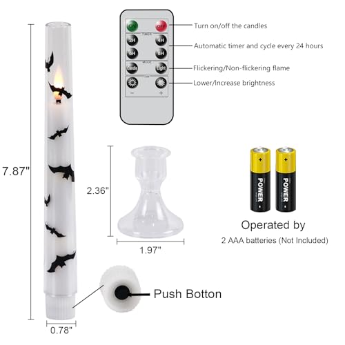 Image of GenSwin Halloween Flameless Taper Candles, 4 Pack Bats LED Taper Candles Battery Operated with Remote Timer, Acrylic Flameless Candlesticks with Bat Prints for Halloween Decor(0.78 inch x 7.87 inch)