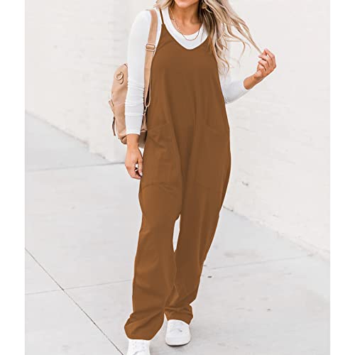 Seeluna Womens Casual Sleeveless Jumpsuits V-Neck Spaghetti Strap Wide Leg Romper Overalls Jumpsuit With Pockets(Brown,S) #TOP2