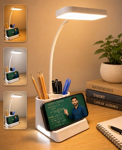 Image of SaleOn X1 Pro Desk Lamp Hub with 3 Pencil Holders, Mobile Stand, 3 Color Modes, Stepless Brightness, Dual Touch Control, Bottom Night Light, USB Powered Study Lamp for Kids & Office, 6 Month Warranty