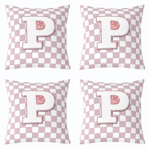 Image of Erosebridal Pink Initial P Throw Pillow Covers 24x24 Set of 2 Kawaii Plaid Checkered Pillow Covers Cute Personalized Monogram Cushion Cover Fashion Grids Gingham Pillow Cases for Couch Sofa