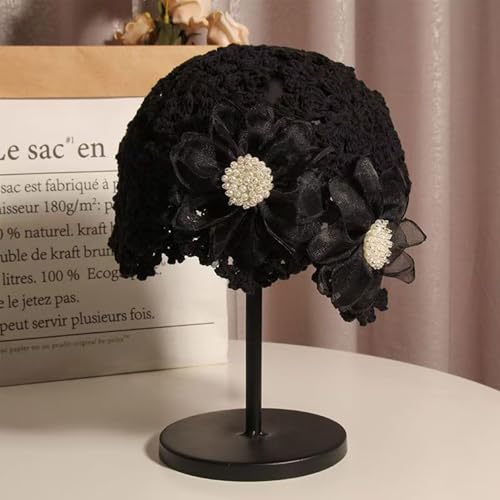 Bonnet élégant avec perle et fleur strass en crochet raffiné - 4