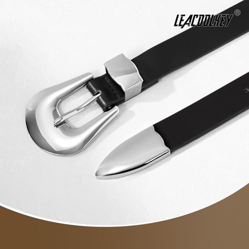 LEACOOLKEY Women Leather Belt Ladies Faux Leather Belt for Jeans Dress Fashion Silver Gold Buckle Waist Belt 51", Suit waist size 41"-44"4