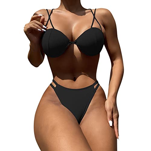 HEVÜY Triangel-Bikini-String-Badeanzug für Damen, Bedruckt, gesmokt, gerüscht, Zweiteiliger Badeanzug Tank Tops Damen Set Cover