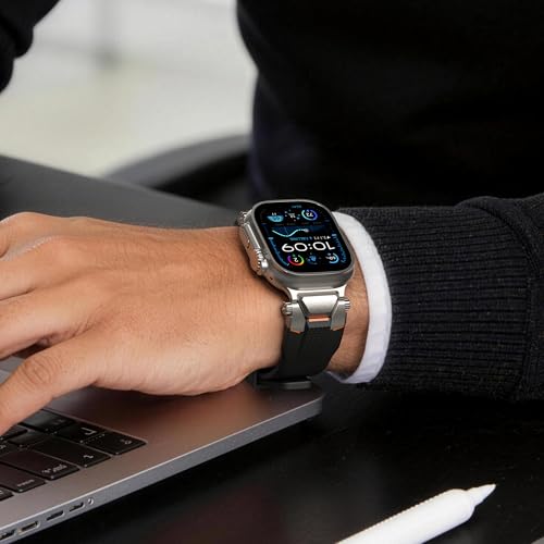 Image of ULTIMAL Rugged Band for Apple Watch Ultra 3 /2 /1 49mm, Series 11 /10 /9 /8 /7 /6 /5 /4 SE 46mm /45mm /44mm, Waterproof, Soft TPU Strap with Stainless Steel Buckle & Connectors, Sweat-Resistant, Easy to Clean, Fits 155-225mm Wrist (Titanium /Black)