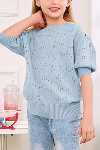 Klousilover Girls Blouse Tops Fall Casual Puff Sleeve Crew Neck Sweaters Solid Hollow Out Knit Pullover Jumper Tops A-Blue #TOP2