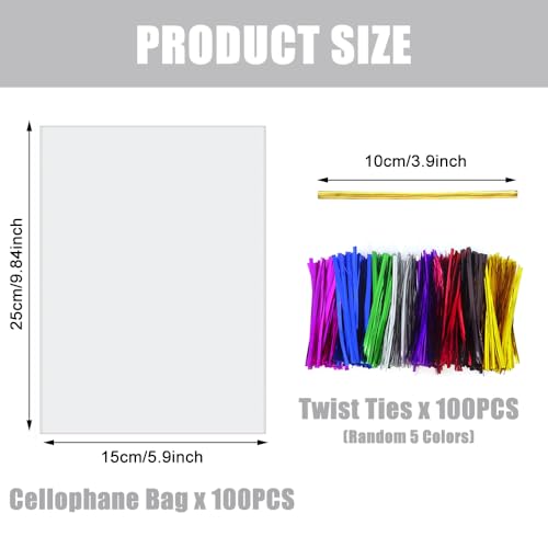 Miniatura 2 de Aiveke 100 Piezas Bolsas De Celofán -15 X 25 Cm Bolsas De Regalo Transparentes Bolsas De Caramelo Con 100 Cintas Metálicas Para Caramelos Galletas Pan Chocolates