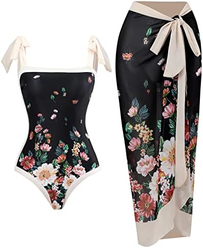 Women Retro Floral One Piece Swimsuit with Beach Cover Ups Long Wrap Skirt 2 Piece Bathing suit Swimwear