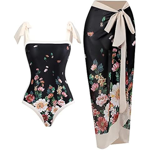 AFAVOM Women's One Piece Swimsuit with Cover up Beach Skirt Retro Floral Printed Swimsuit Bathing Suit Tummy Control Monokini Swimwear Sarong Coverups Two Piece Bikini Set Beachwear Black Floral M Cover