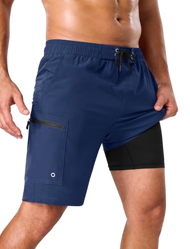 SILKWORLD Mens Swim Trunks with Compression Liner 9 Inch Deep Cargo Pockets Swimwear Adjustable Drawstring Bathing Suits, Navy Blue, XX-Large