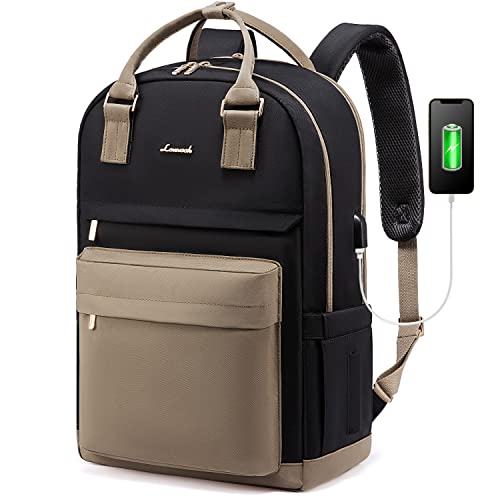 LOVEVOOK Rucksack Damen, 17 Zoll Laptop Rucksack Schulrucksack Mädchen Teenager mit Laptopfach, Wasserdichter Schultasche Daypack für Schule Uni Reisen Arbeit, Khaki Schwarz