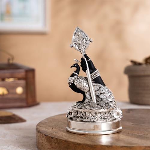 Image of Svastika Vel Mayil Murugan Idol (999 Silver Plated) | Lord Murugan Statue with Peacock | Spiritual Idol for Home Temple, Pooja Room, Car Dashboard & Gift | Decor Murti (5 Inch)