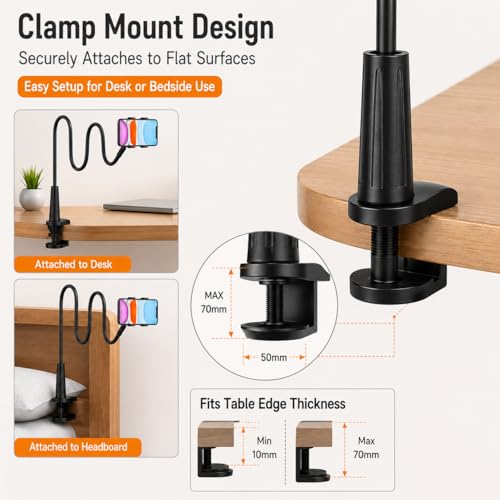 Image of Gooseneck Mobile Phone Holder with Table Clamp Mount Setup, Flexible Adjustable Phone Stand for Desk & Bedside Use, Hands-Free Viewing for Video Calls, Online Classes & Reading