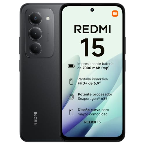 XIAOMI REDMI 15 – Smartphone de 6+128GB, Cámara Dual de 50MP con AI, Pantalla inmersiva de 6,9” FHD+, Snapdragon 685, Carga rápida de 33W, Cargador no Incluido, Negro (Versión ES)