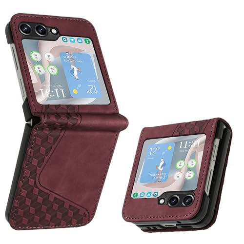 OKZone Kompatibel mit Samsung Galaxy Z Flip 5 Hülle, PU Leder Handyhülle Tasche Schutzhülle Samsung Galaxy Z Flip 5, Flip Cover Klappbar Etui mit Magnet TPU Lederhülle (Rot)