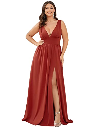 Ever-Pretty Women's Floor Length High Stretch Side Slit Pleated Sleeveless A Line Plus Size Formal Wedding Guest Dresses