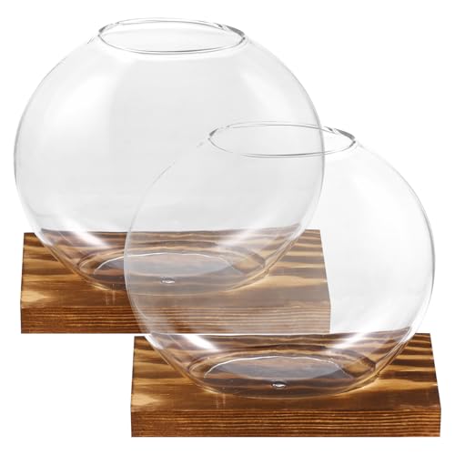 jojofuny Set da 2 Vasi di Vetro Trasparenti per Terrario Vegetale con Base in Legno, Vasi di Vetro per Giardino Pensile Interno e Arredamento Casa, Vaso Idroponico per Balcone, Soggiorno e Ufficio