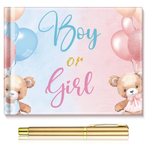 Image of Fuyoooo 27 Pcs Blue and Pink Bear Baby Shower Guest Book Set Baby Shower Sign in Guest Balloon Book Place Table Cards with Gold Pen Adhesive Photo Corner for Blue Pink Bear Theme Birthday Party