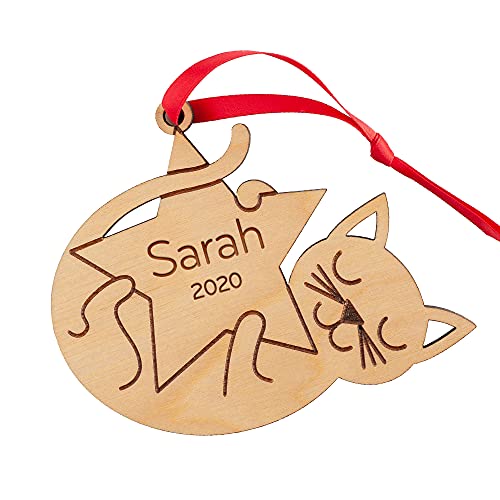 Cat Star Ornament Personalized Kitty's First Christmas 2025 Wood Handmade