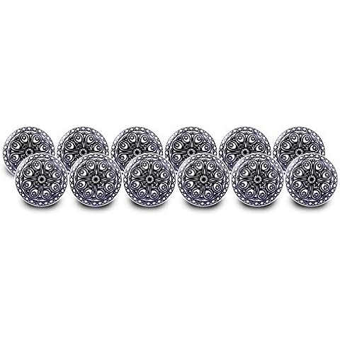 cosynee 12 pc Door Knobs Hand Printed Ceramic Knobs and Pulls Handle Handmade Silver Finish (Black) Cover
