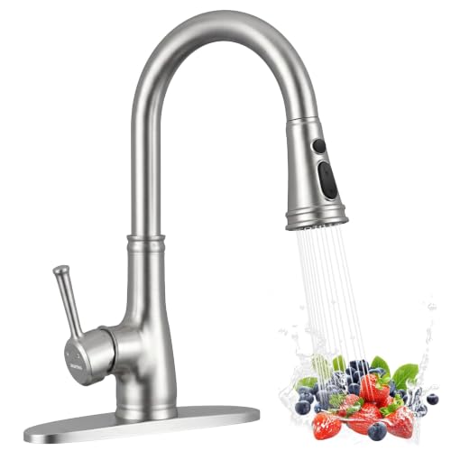 Image of WEWE Vintage Kitchen Faucet with Pull Down Sprayer, Brushed Nickel Stainless Steel High Arc Single Handle Sink Faucet, 1 or 3 Hole for Kitchen, Bar and Prep Sinks