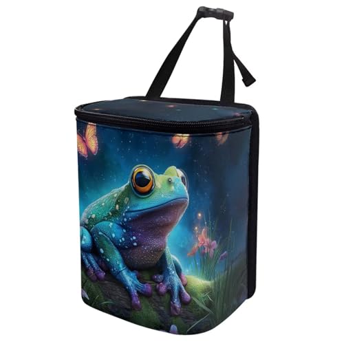 Image of Talayituse Butterfly Galaxy Frog Print Car Trash Bin, Large Size Auto Trash Can Adjustable Portable Garbage Can with Lid, Vehicle Hanging Bag for Headrest Front Back Seat