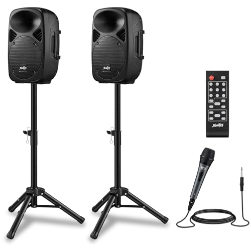 Moukey MPA80 PA System 8 Inch Active & Passive Powered Rechargeable PA Speakers 600W Peak Power with 2 Tripod Stands Wired Microphone Remote Control Support BT/USB/TF/FM/AUX