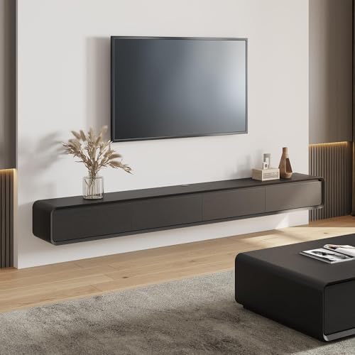 POVISON DONICY Fully-Assembled Minimalist Floating TV Stand, Modern Wall-Mounted Entertainment Center with 4 Flip-Down Cabinet Doors, Solid Wood Media Console, Black Oak, 94