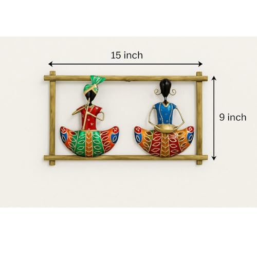 Image of SHREE 'O' GREEN TECH - Metal Multicolor Musician Couple Wall Hanging Rajasthani Lady Sardar Decorative Showpiece Art Frame