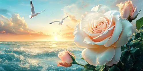 Peinture Diamant Adulte DIY 5D Broderie Diamant Grand Format 120x60cm Roses Mer Strass Cristal