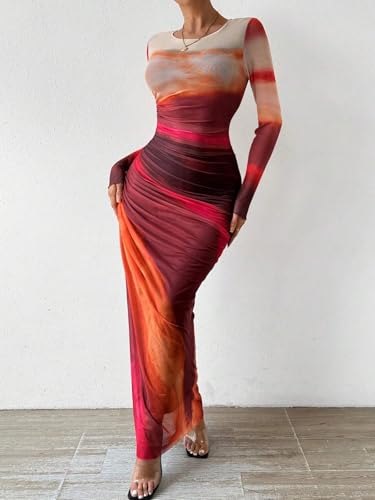 Image of Women's Tie Dye Long Sleeve Maxi Dress Mesh Bodycon Ruched Night Out Formal Cocktail Long Dress for Wedding Guest Party