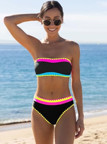 Image of popvil Bikini Sets for Women Bandeau Swimsuits Strapless Two Piece Bathing Suits Neon Swimwear for Beach Vacation 2026