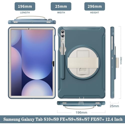 Junfire Case for Samsung Galaxy Tab S10+/S9 FE+/S9+/S8+/S7 FE/S7+ 12.4 Inch, Shockproof Kids Protective Case with Screen Protector Kickstand Hand Strap Pen Holder for S9 FE Plus/S9 Plus Tablet-Blue - Image 8