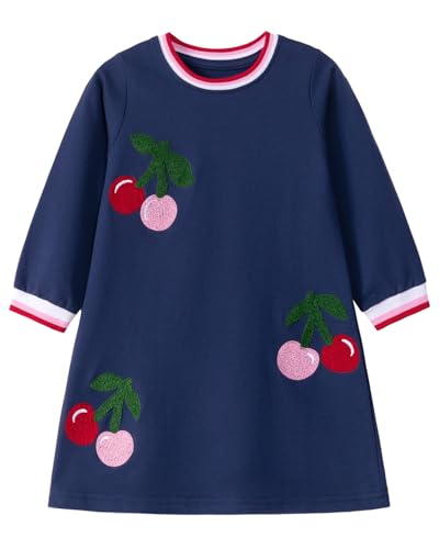 Image of Girls Cotton Long Sleeve Casual Cartoon Appliques Striped Jersey Dresses