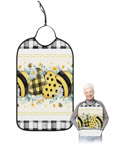 LEOKOTI Eucalyptus Leaves Adult Bibs for Eating, Waterproof Bibs with Food Catcher & Snap Closure, Yellow Love Heart Summer Bee Black Plaid Washable Clothing Protectors Adult Bibs for Elderly
