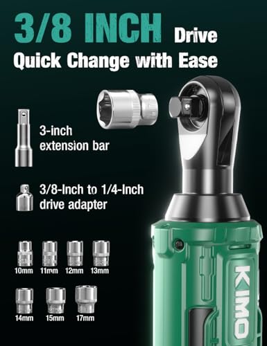 Image of KIMO 20V Cordless Ratchet Wrench 3 /8 Set, 74 Ft-lbs 400 RPM Electric Ratchet Wrench, Battery Powered Ratchet with 7 Sockets, 3 inch Extension Bar, 1 /4 inch Adapter, 2-Pack Lithium-Ion Batteries, Fast Charger