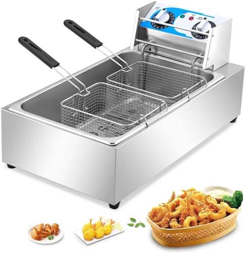 Freidora comercial, freidora eléctrica de 12.7 cuartos/12 l, freidora comercial de acero inoxidable con cesta, freidora de aceite de encimera con control de temperatura y temporizador de 60 minutos