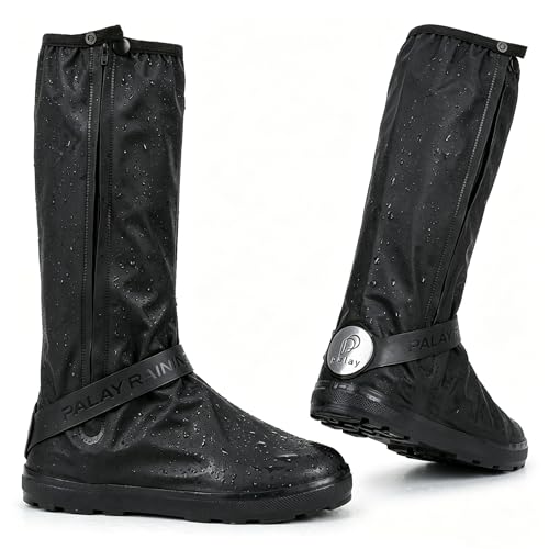 Image of PALAY Waterproof Rain Shoe Covers Reusable Protective Shoe Covers with Non Slip Sole Elastic Fit Zipper Design for Monsoon Commuting Cycling Outdoor Use, Black, S