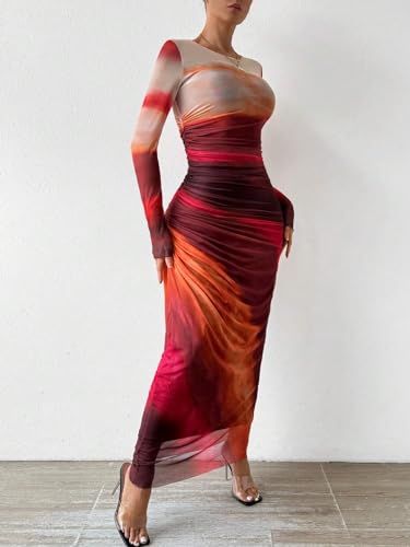 Image of MARZXIN Women Long Sleeve Maxi Dress Bodycon Ruched Formal Slim Fit Tie Dye Dress Formal Mesh Dress