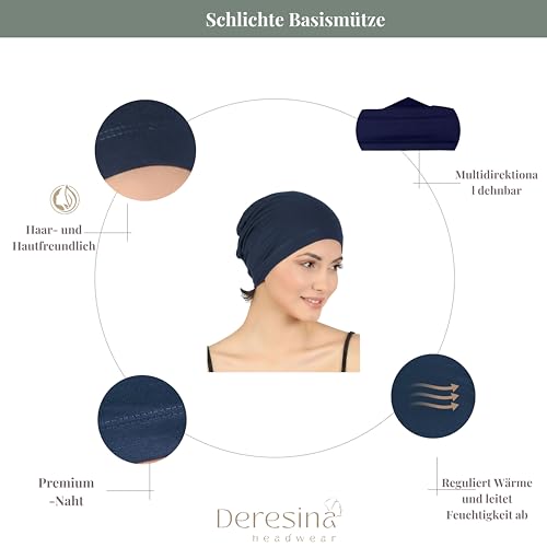 Deresina Headwear Essentiell Bambus Chemo Mutze fur Damen – Weiche Schlafmutze, Kopfbedeckung bei Haarausfall, Ideal unter Hut, Turban oder Kopftuch (Plain Denim (ohne Perlen)