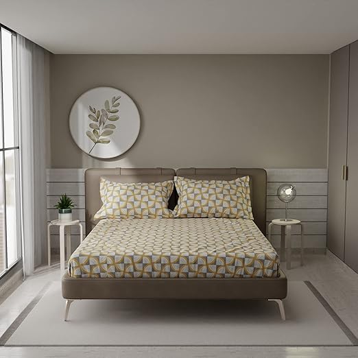 Image of Cotton Feel Glace Cotton Elastic 300 TC Printed Fitted Bedsheet Queen Size Double Bed with 2 Pillow Covers (60 inch x 78 inch inches (Queen Size), Yellow Slice)