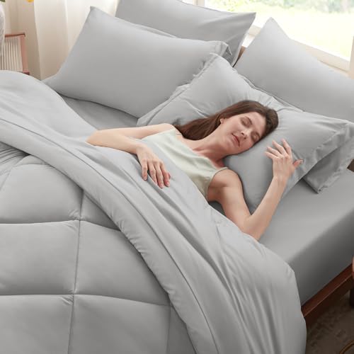 Anluoer Full Comforter Set,Light Grey Bed in a Bag 7 Piece,Lightweight Bedding Set with Soft Down Alternative Fill,Bed Set Includes Comforter, Fitted Sheet, Flat Sheet,Pillowcases and Shams