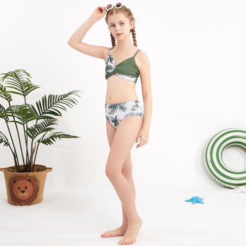 Weixinbuy Girls Swimsuit 3 Piece Tropical Floral Twist Cross Bathing Suit Bikini Sets with Cover Up Skirt Swimwear Size 9-10 Green — view 4