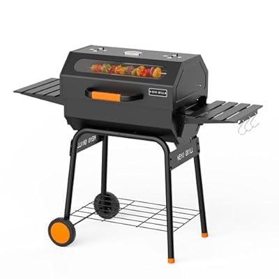 KEYO GRILL 23-Inch Movable Charcoal Grill, High Temperature Resistant Glass Barrel Charcoal Grills with Adjustable Vents, Warming Rack Outdoor BBQ Grills for Backyard, Patio and Parties, Black