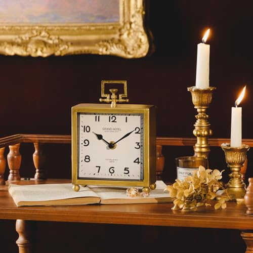 Image of NIKKY HOME Small Gold Table Clock, Silent Classic Decorative Desk Clocks | Non-Ticking Battery Operated Vintage Metal Square Shelf Clock, Antique Decor for Living Room, Bathroom, Office, Mantel