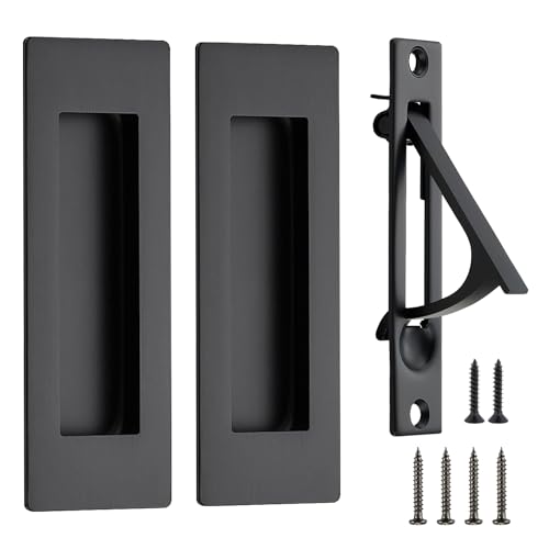 JOY DECOR Black Pocket Door Hardware Set 2 Pcs 4.72 in Handles & 1 Pc Pull